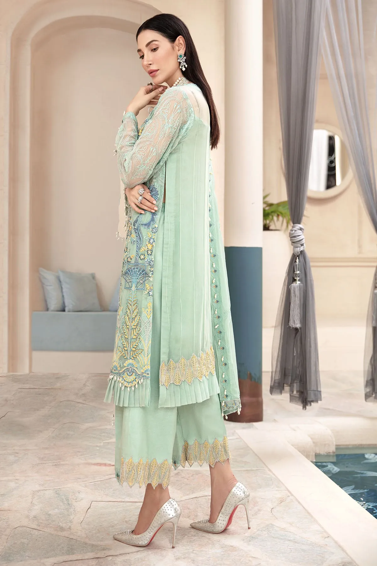 2574-BERYL-GREEN EMBROIDERED BEMBERG CHIFFON UNSTITCHED