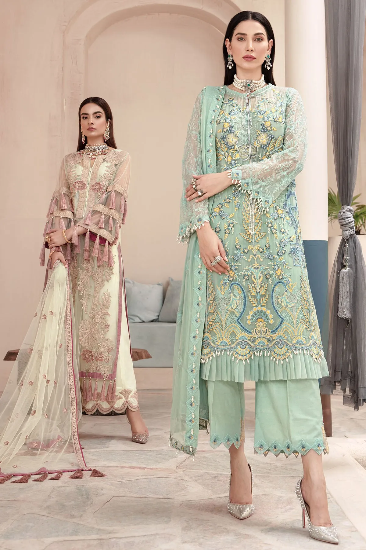 2574-BERYL-GREEN EMBROIDERED BEMBERG CHIFFON UNSTITCHED