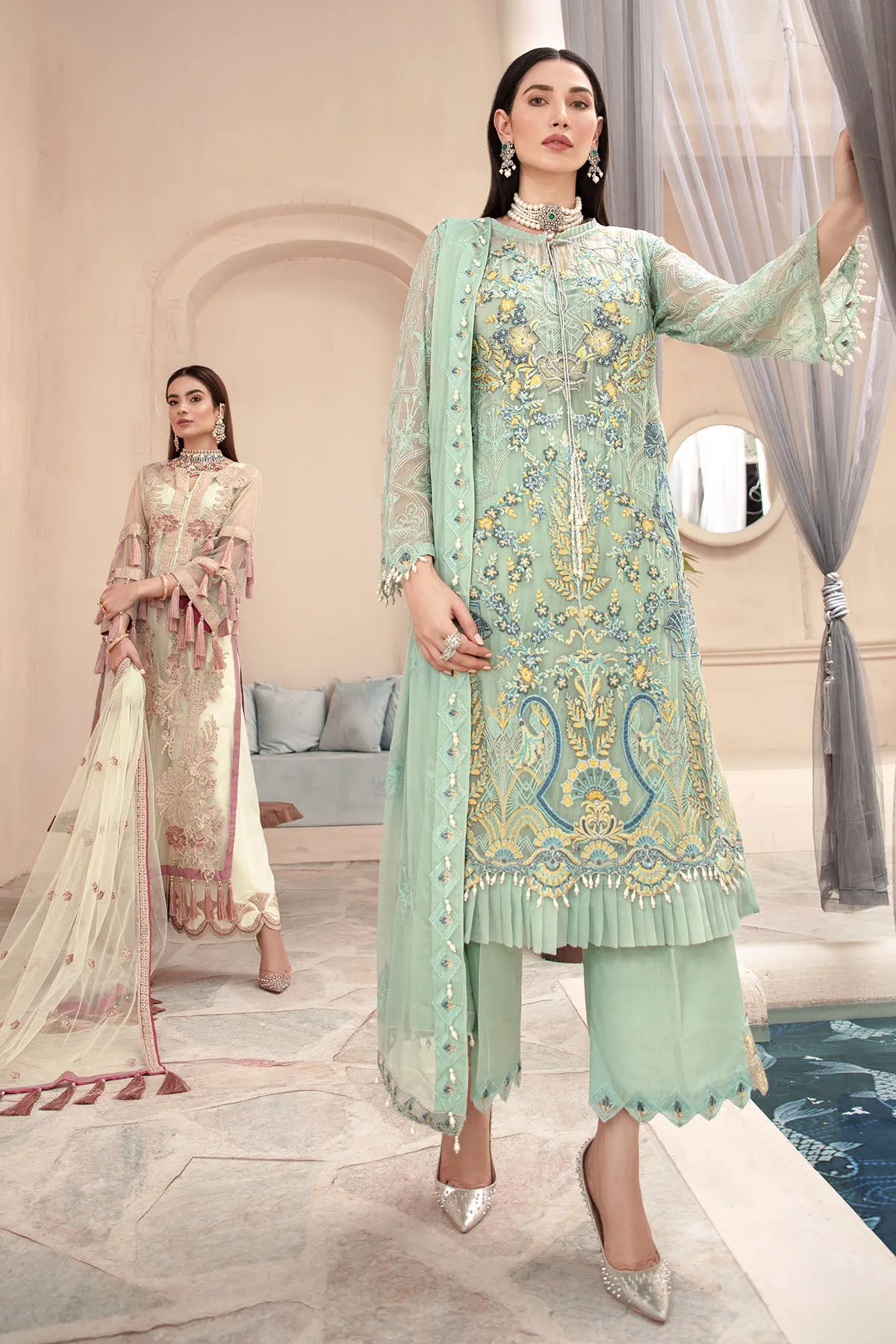 2574-BERYL-GREEN EMBROIDERED BEMBERG CHIFFON UNSTITCHED