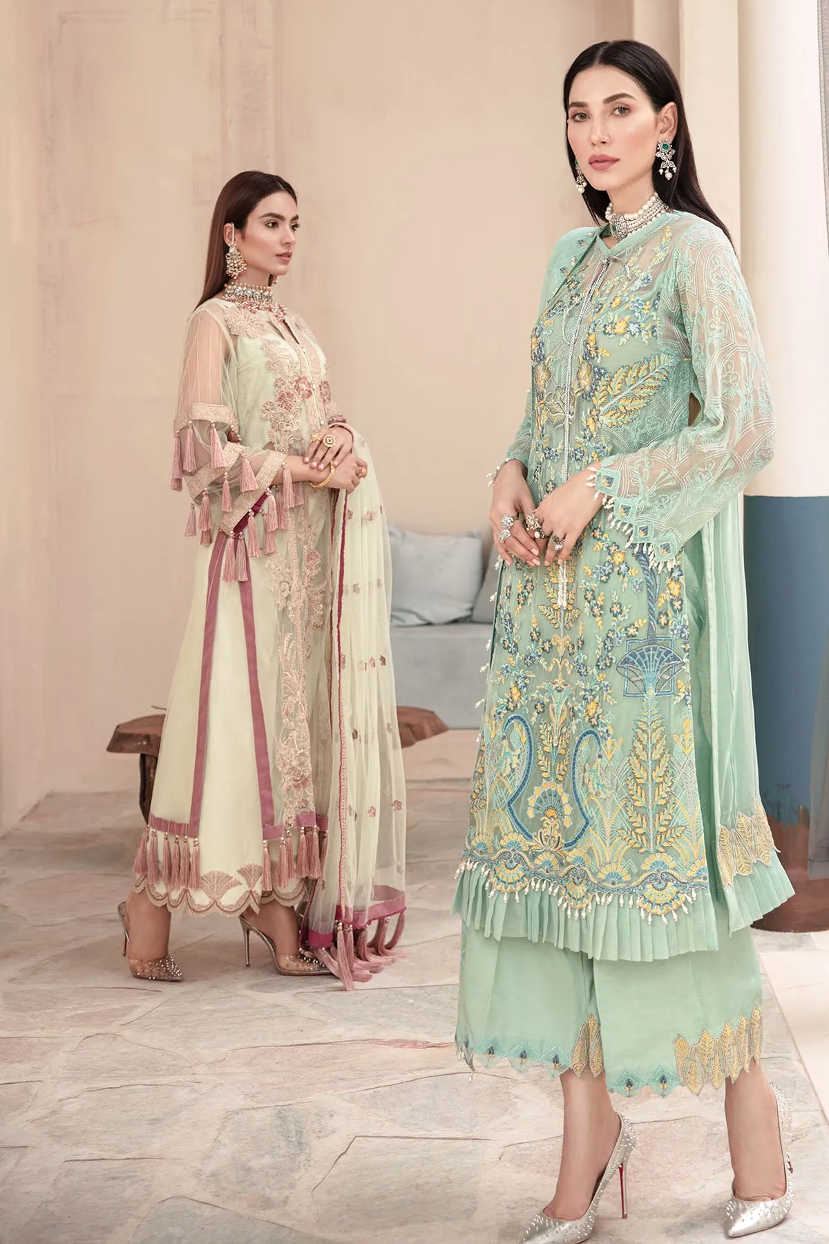 2574-BERYL-GREEN EMBROIDERED BEMBERG CHIFFON UNSTITCHED