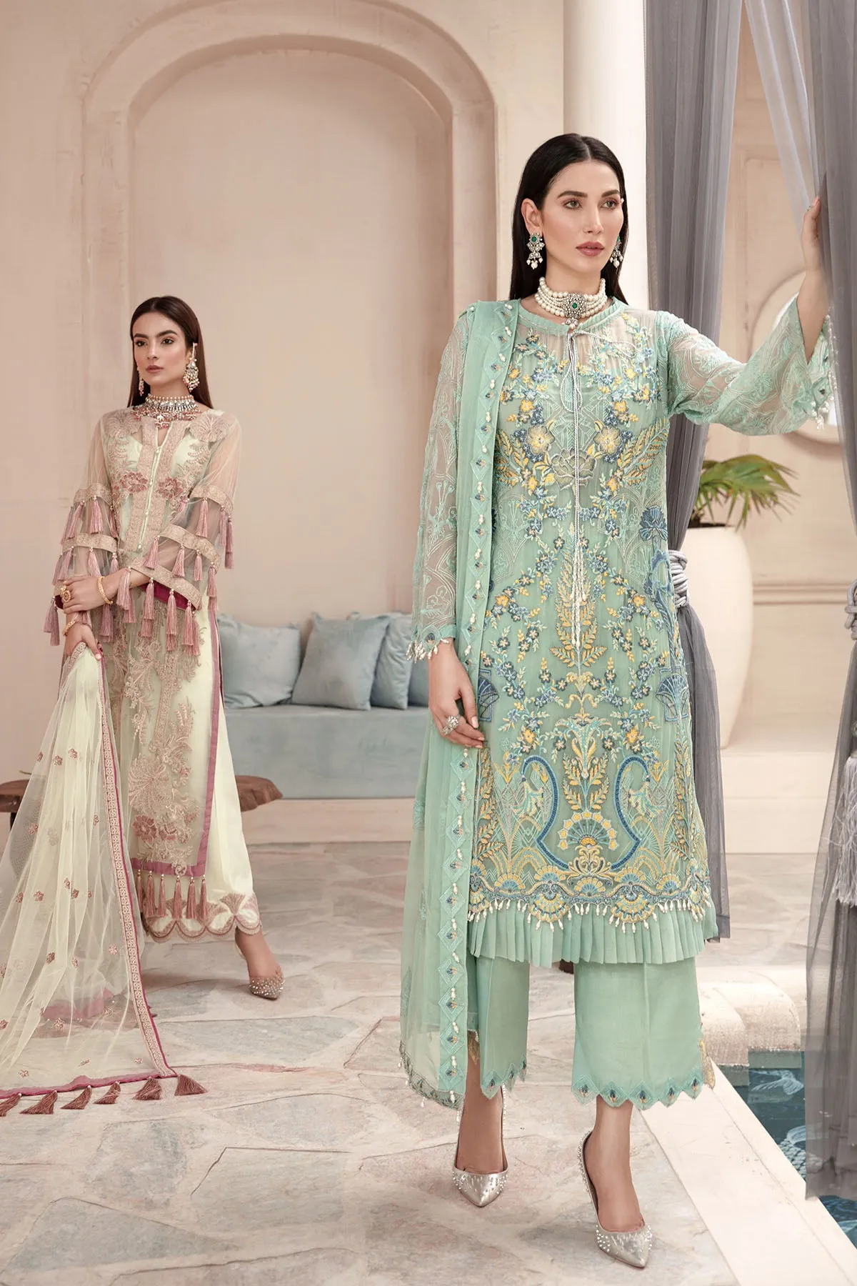 2574-BERYL-GREEN EMBROIDERED BEMBERG CHIFFON UNSTITCHED