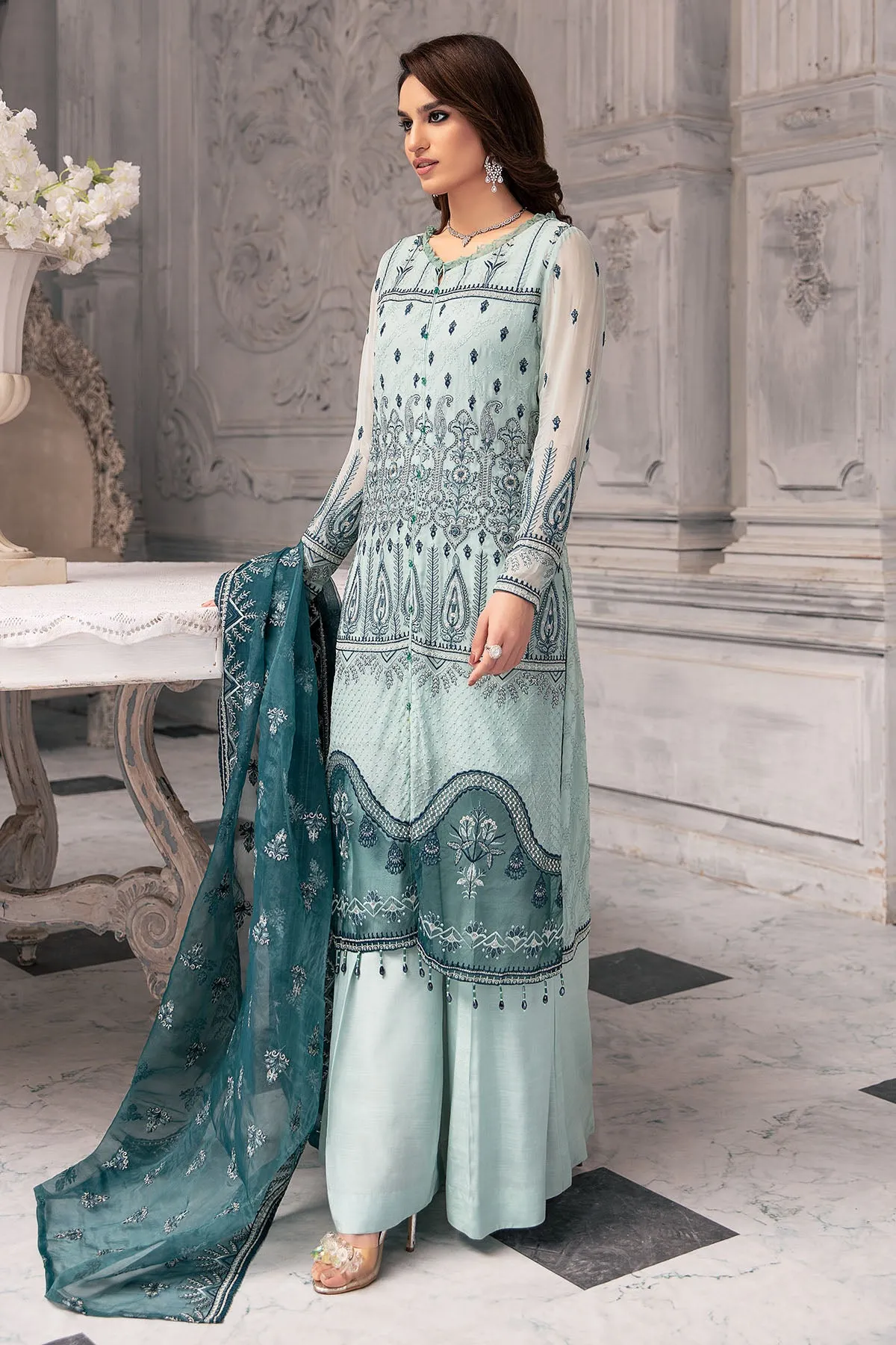2653-SEA-MIST EMBROIDERED BEMBERG CHIFFON UNSTITCHED