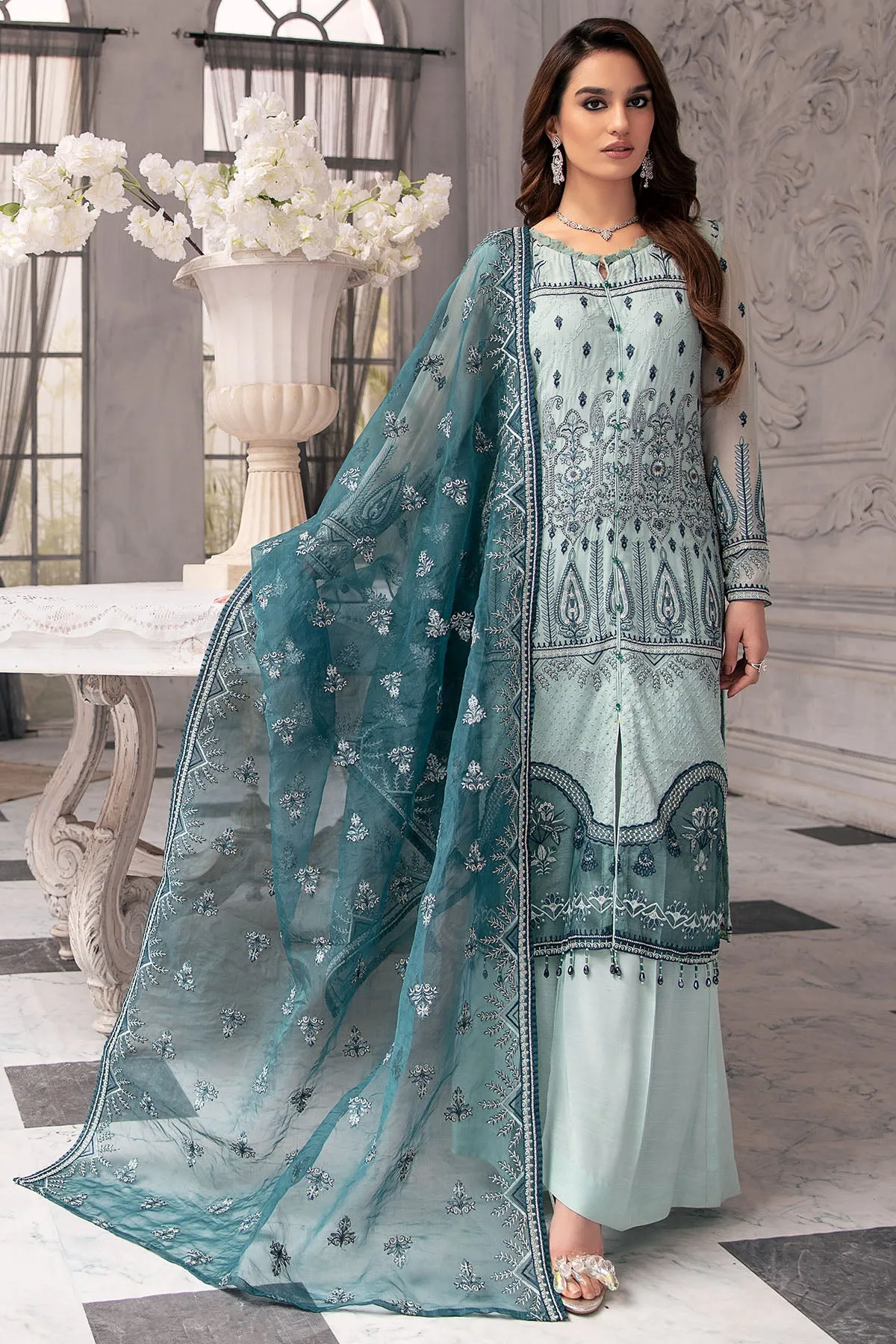 2653-SEA-MIST EMBROIDERED BEMBERG CHIFFON UNSTITCHED