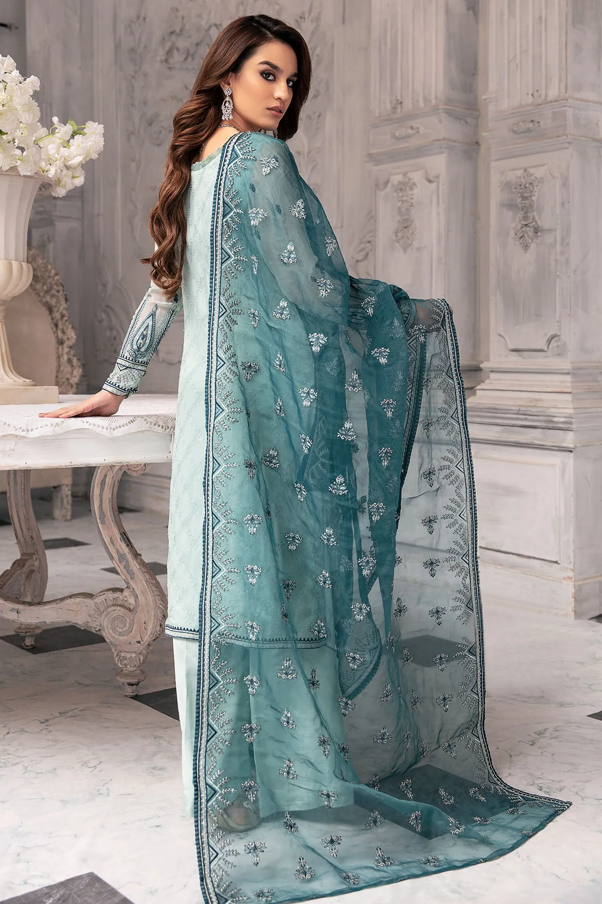 2653-SEA-MIST EMBROIDERED BEMBERG CHIFFON UNSTITCHED