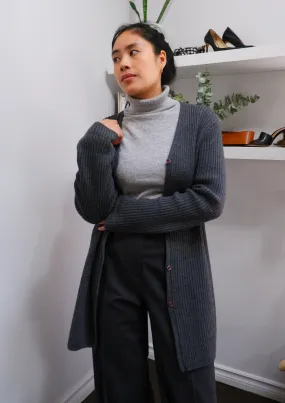 90s Ribbed Charcoal Grey Longline Merino Cardigan - S