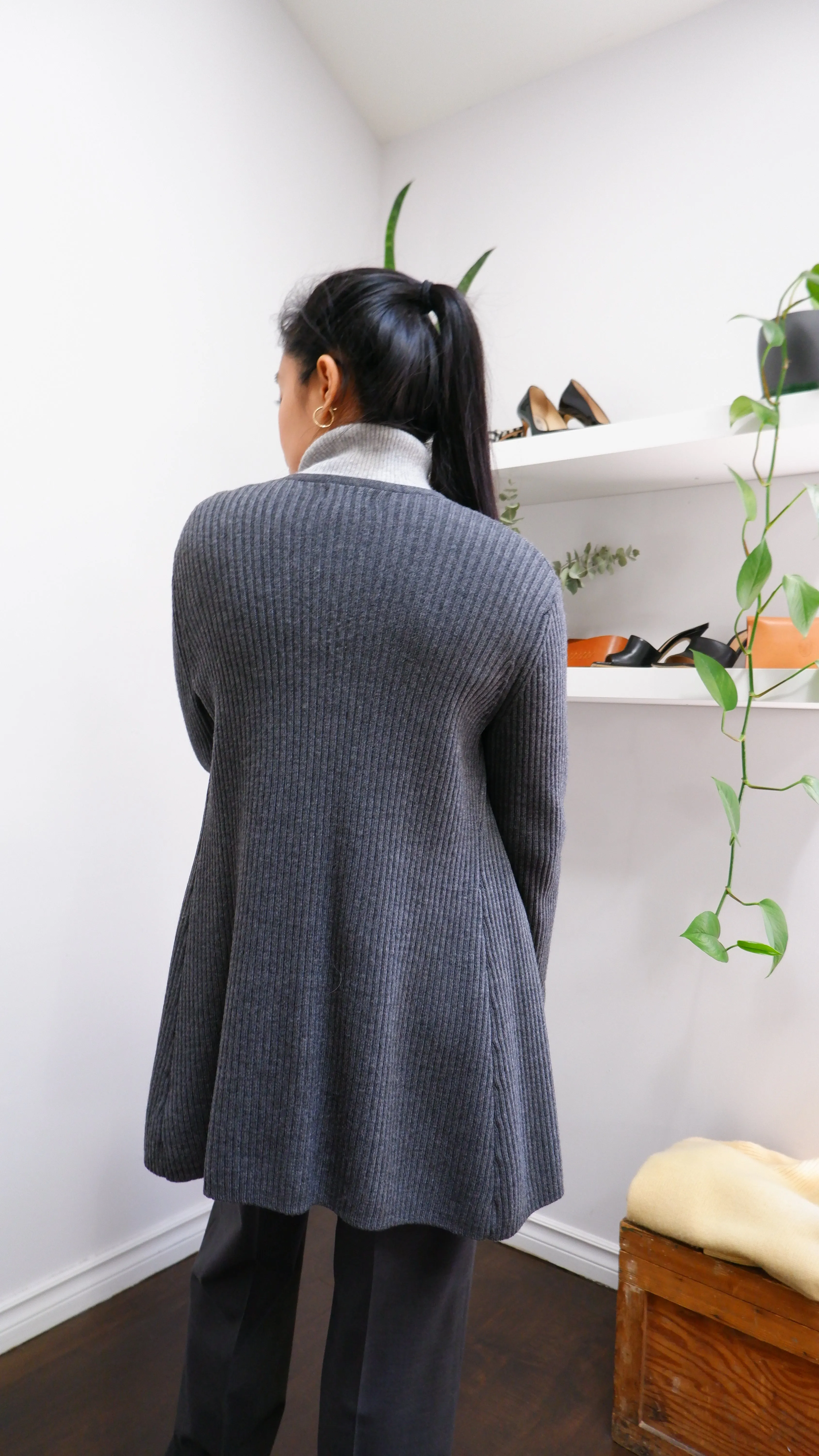 90s Ribbed Charcoal Grey Longline Merino Cardigan - S