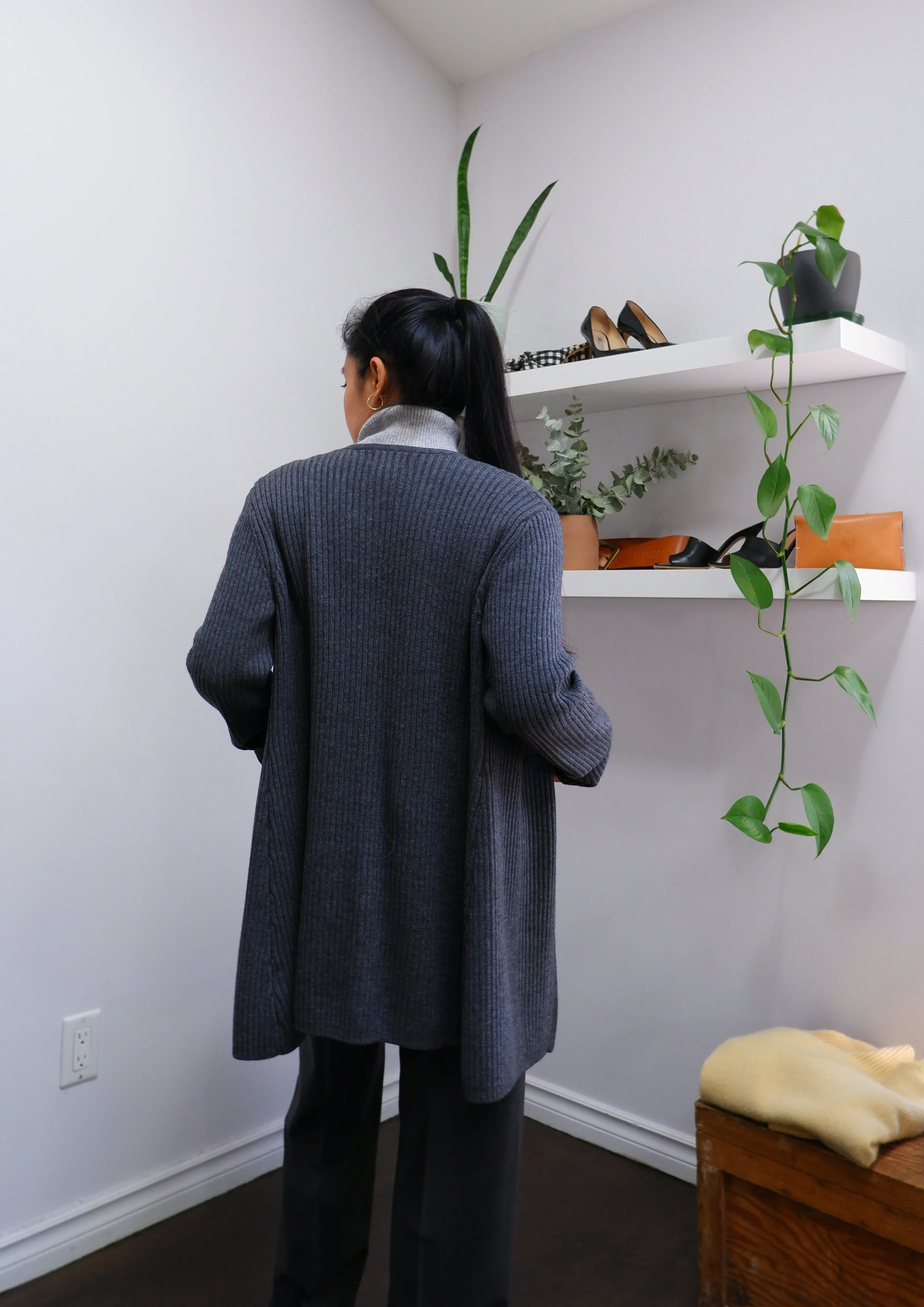 90s Ribbed Charcoal Grey Longline Merino Cardigan - S