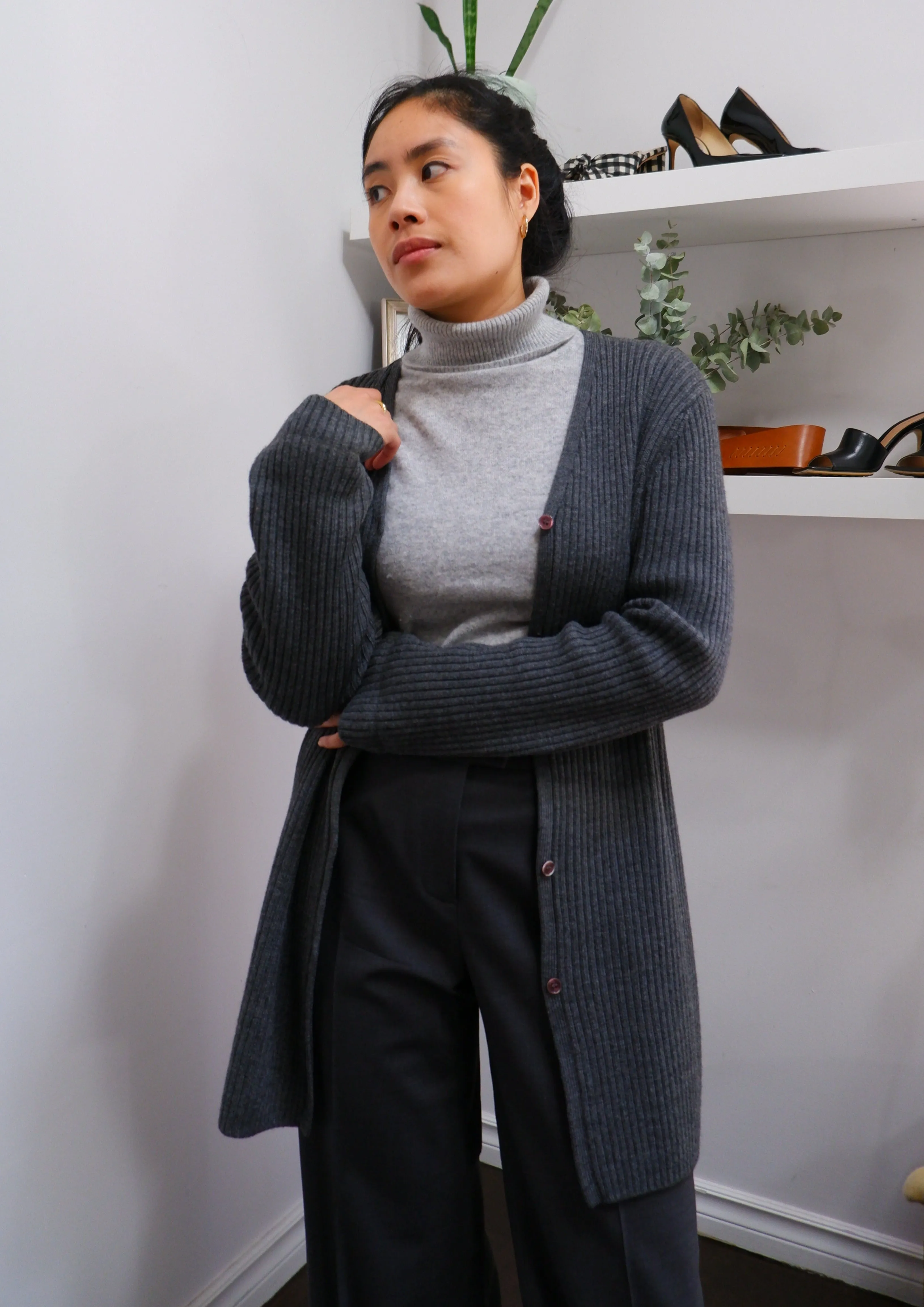 90s Ribbed Charcoal Grey Longline Merino Cardigan - S