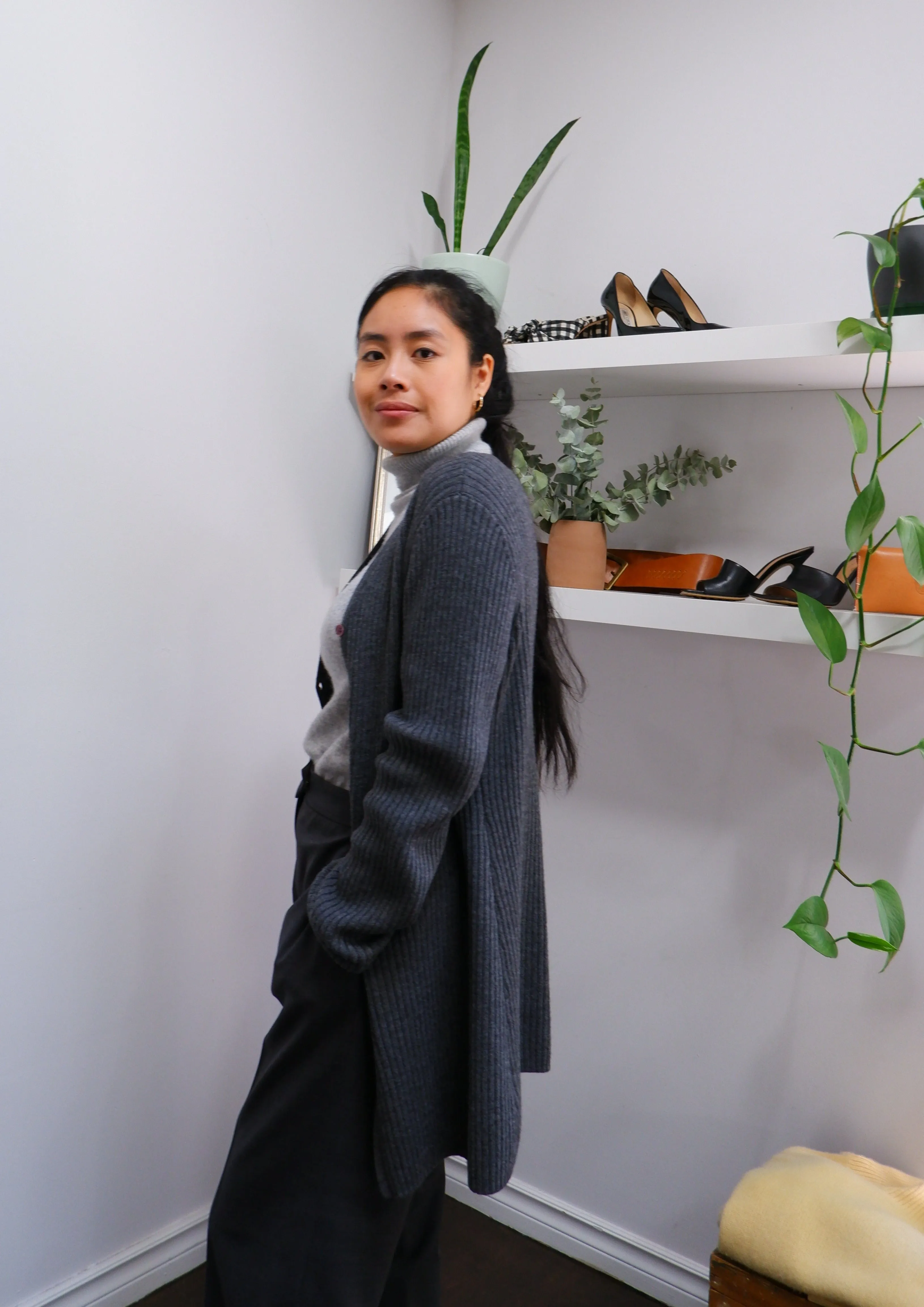 90s Ribbed Charcoal Grey Longline Merino Cardigan - S