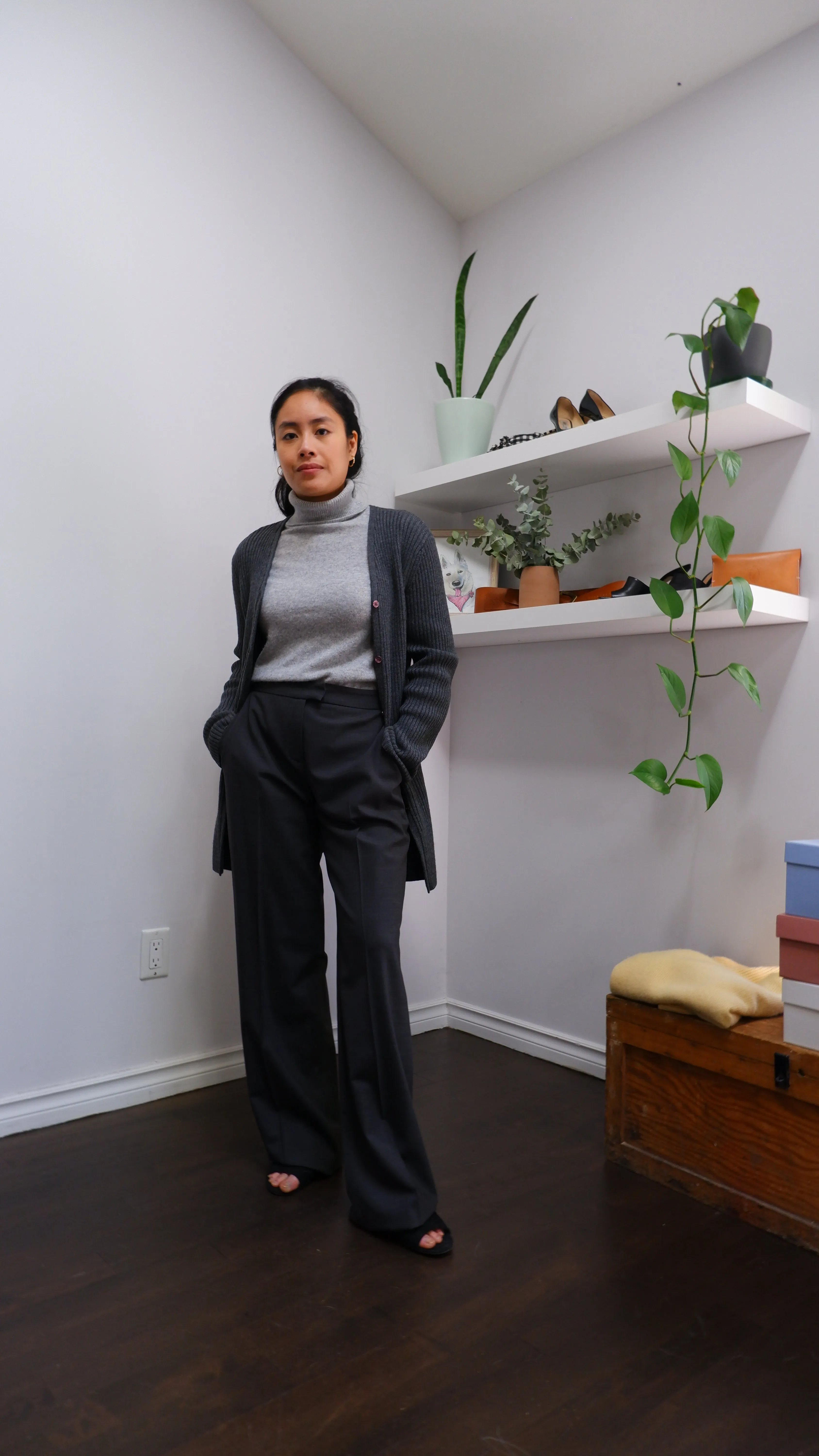 90s Ribbed Charcoal Grey Longline Merino Cardigan - S