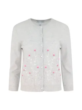Autumn Cashmere Cardi With Embroidered Floral in Sleet Combo