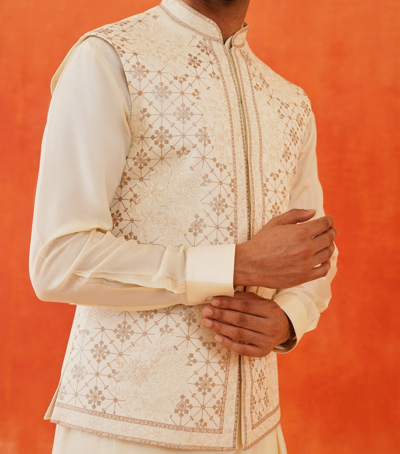 Beige Geometric Embroidered Kurta Jacket Set