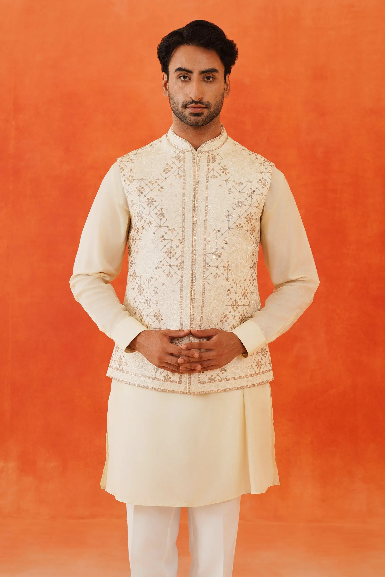 Beige Geometric Embroidered Kurta Jacket Set