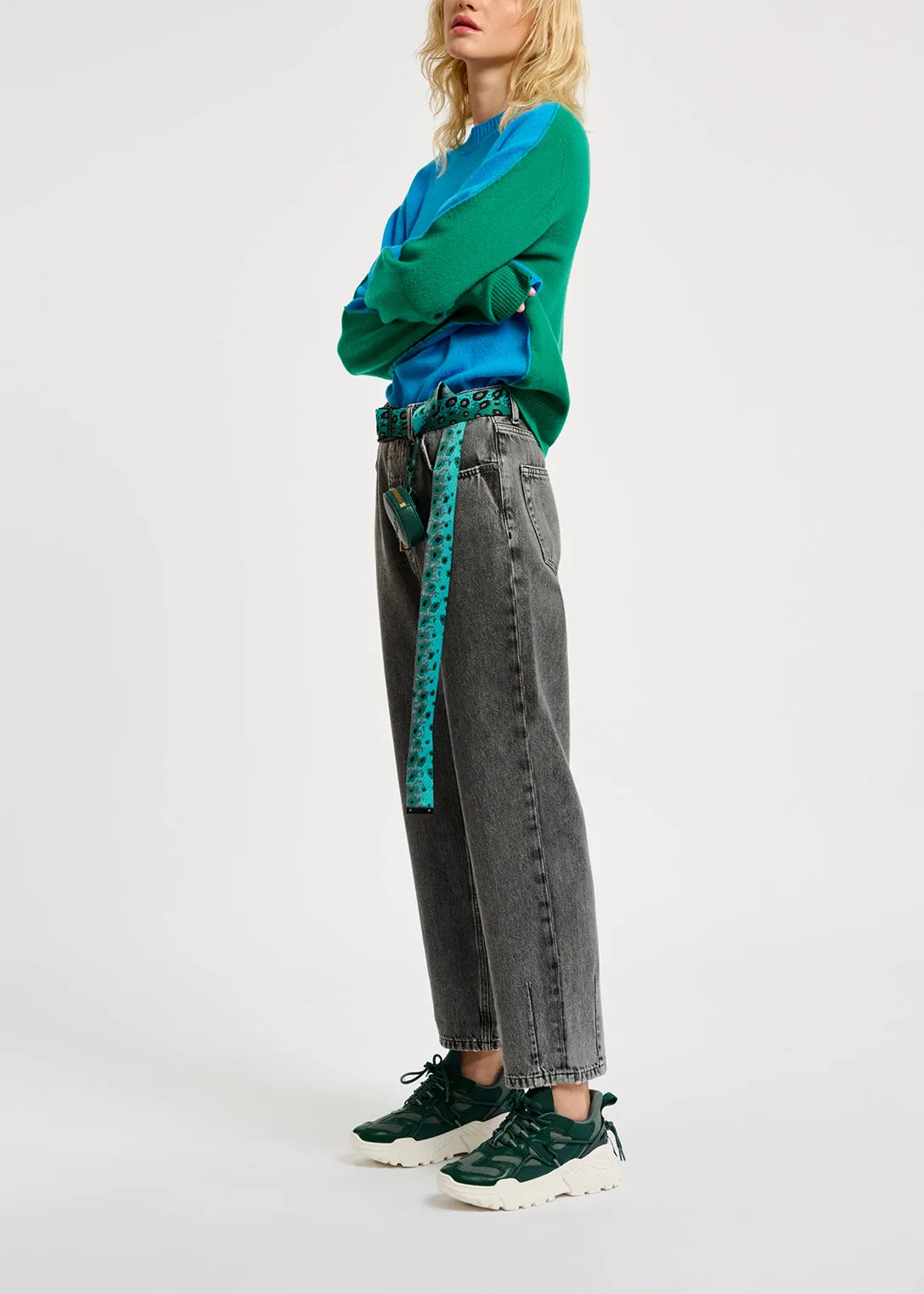Blue and green merino-cashmere knit sweater
