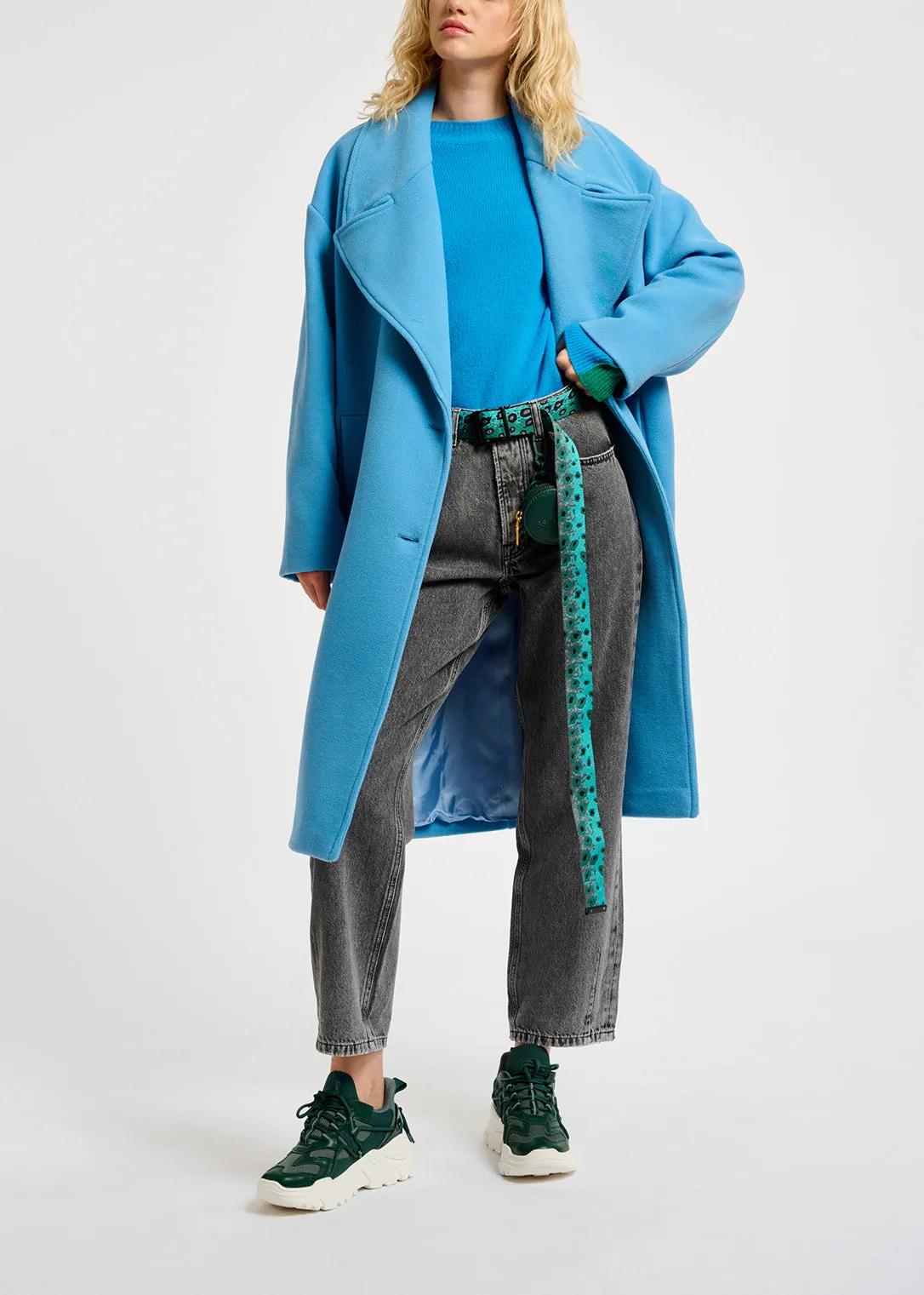 Blue and green merino-cashmere knit sweater