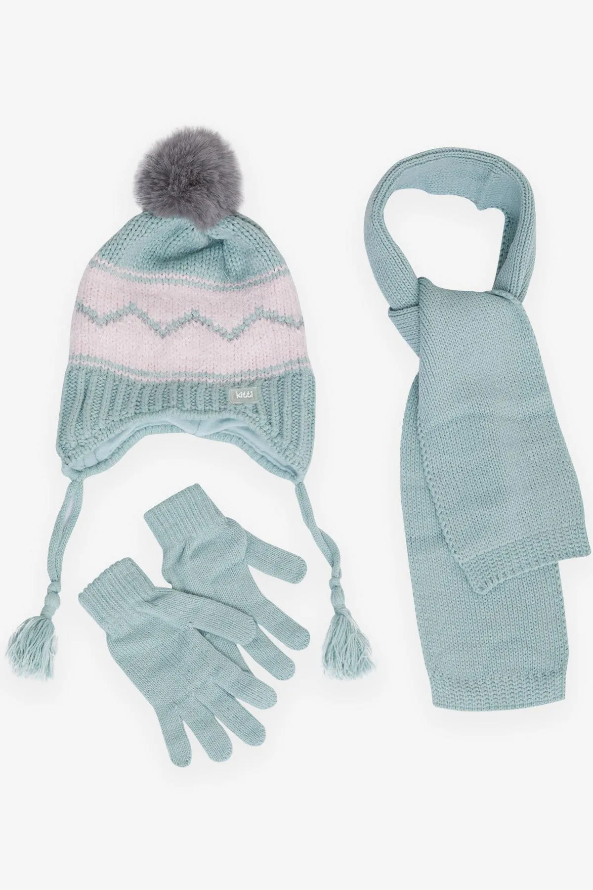 BRE Kitty Girl Child Scarf Hat Set 3 Piece Zigzag Patterned Pom Pom 4-8 Years, Mint Green - Aurora