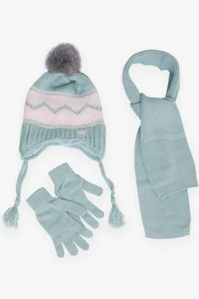 BRE Kitty Girl Child Scarf Hat Set 3 Piece Zigzag Patterned Pom Pom 4-8 Years, Mint Green - Aurora