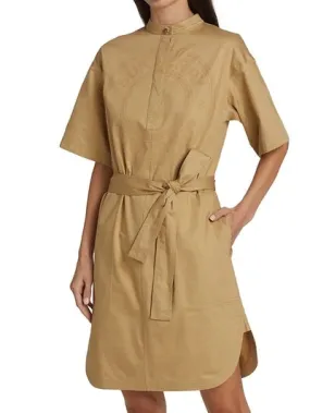 BURBERRY ABBIE SMOKE STITCH COTTON TWILL DRESS WITH GRAPHIC LOGO