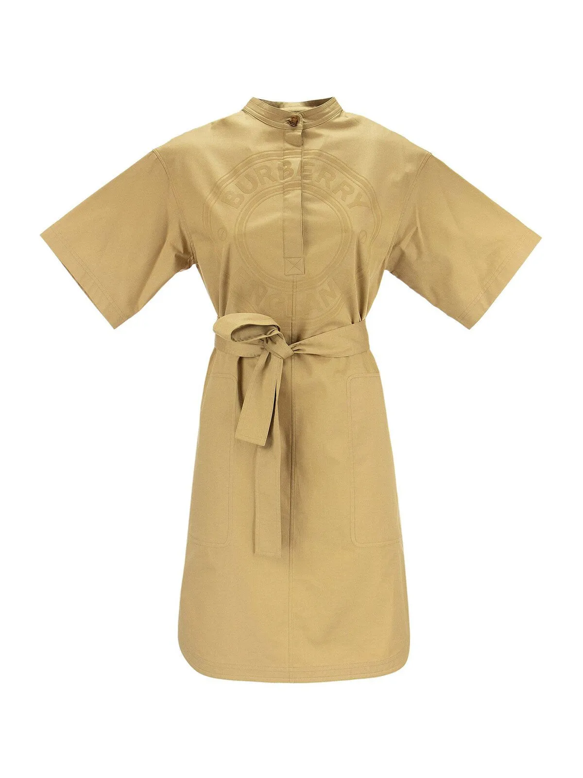 BURBERRY ABBIE SMOKE STITCH COTTON TWILL DRESS WITH GRAPHIC LOGO