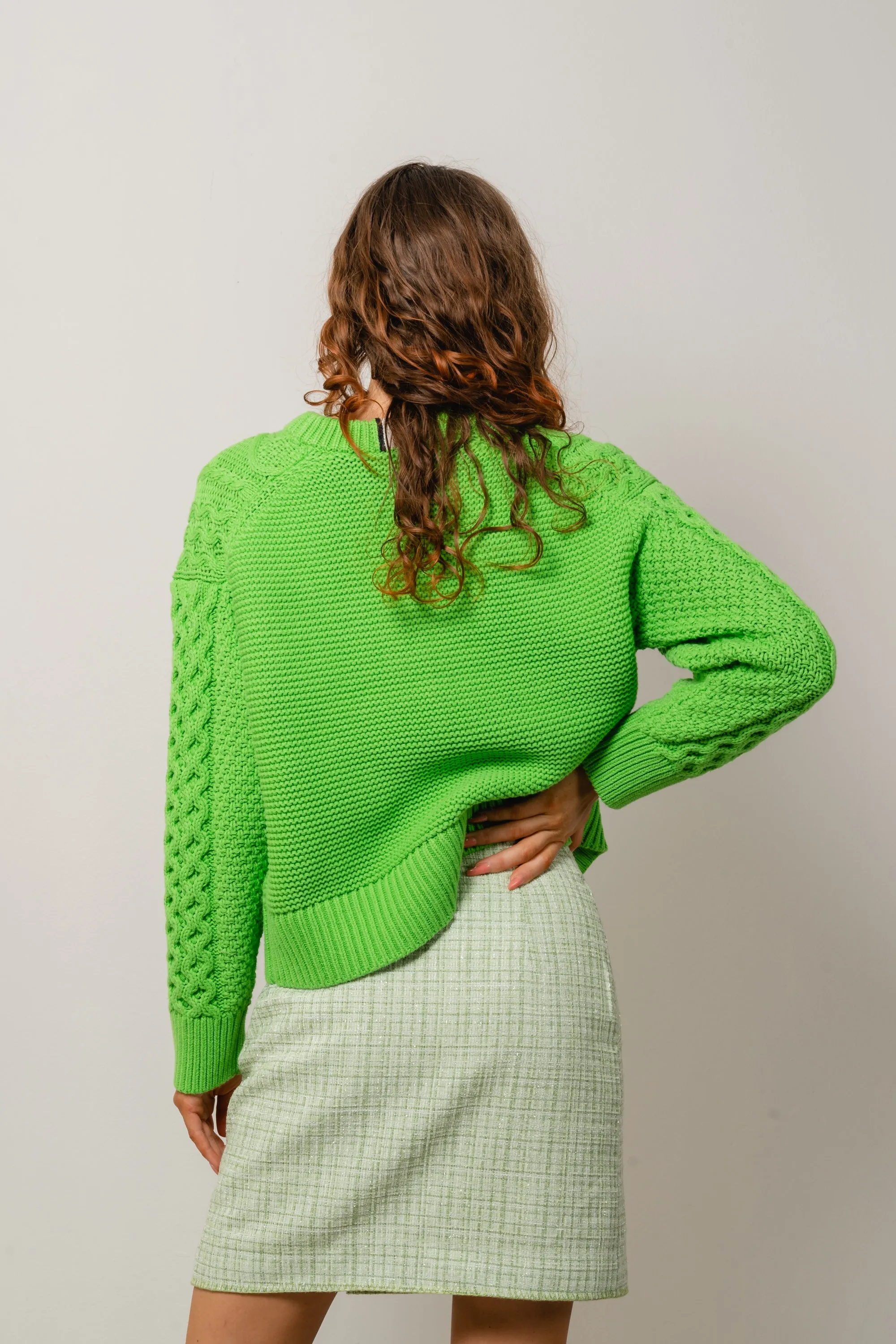 Cable Boyfriend C-Nk Sweater - Spring Lime