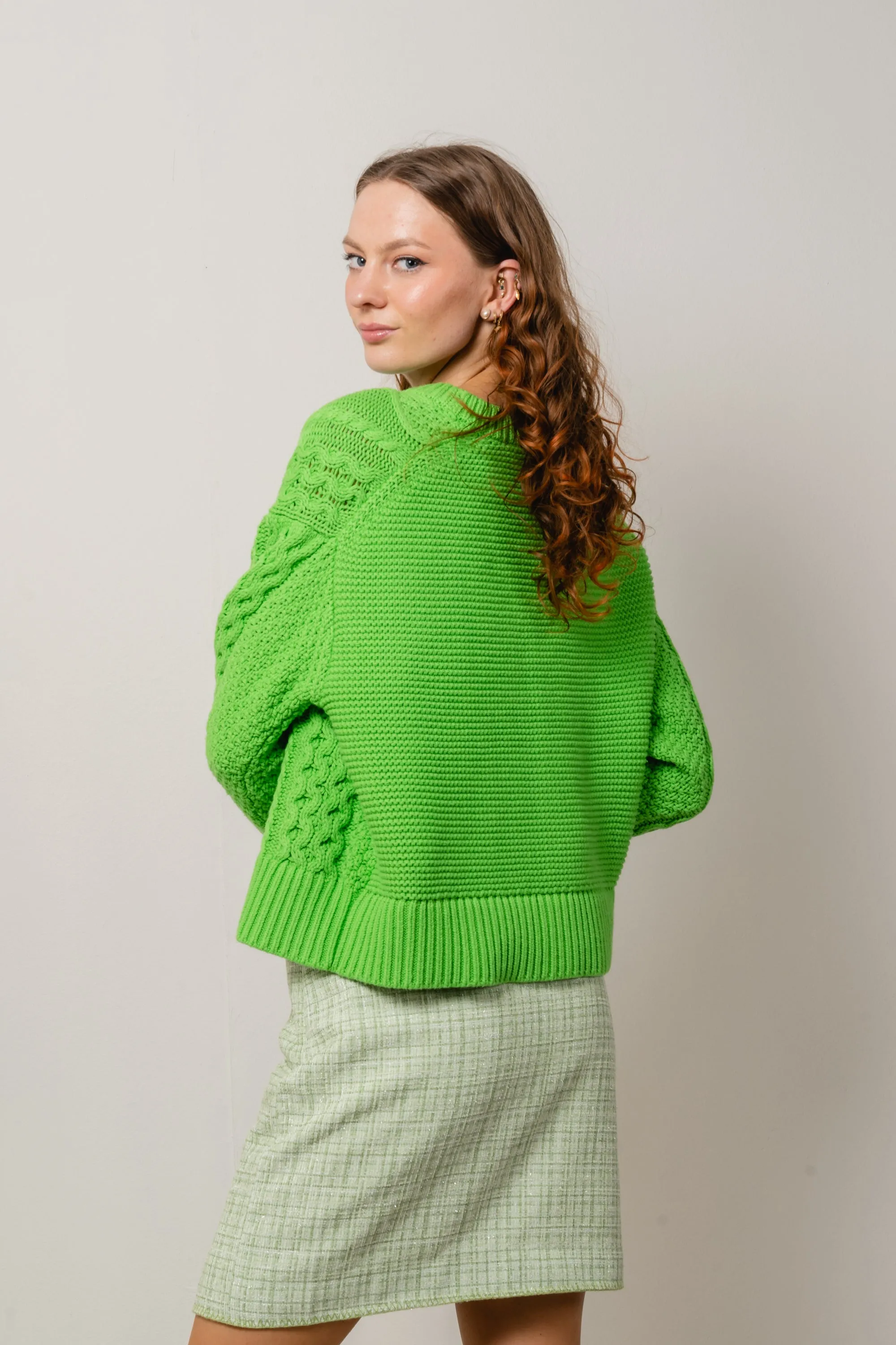 Cable Boyfriend C-Nk Sweater - Spring Lime