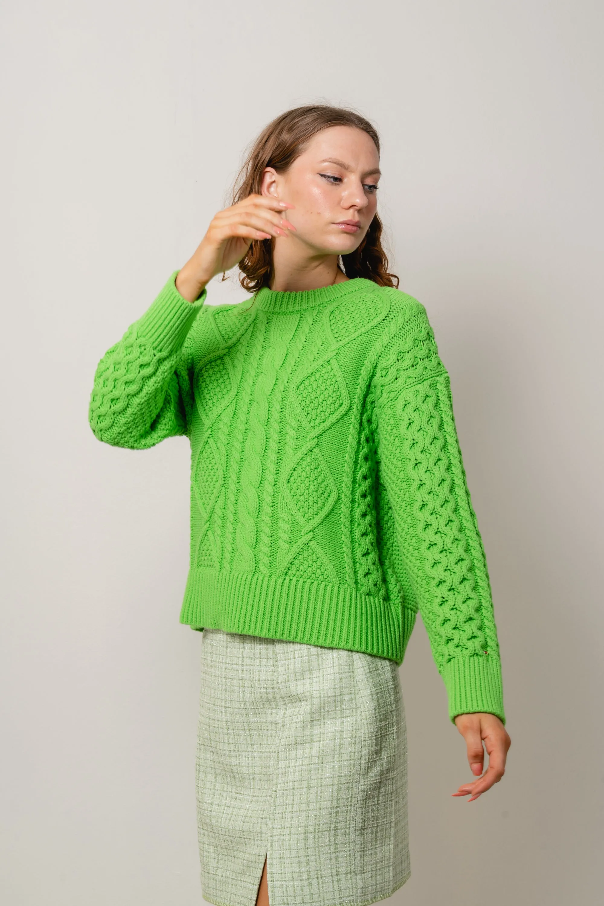 Cable Boyfriend C-Nk Sweater - Spring Lime