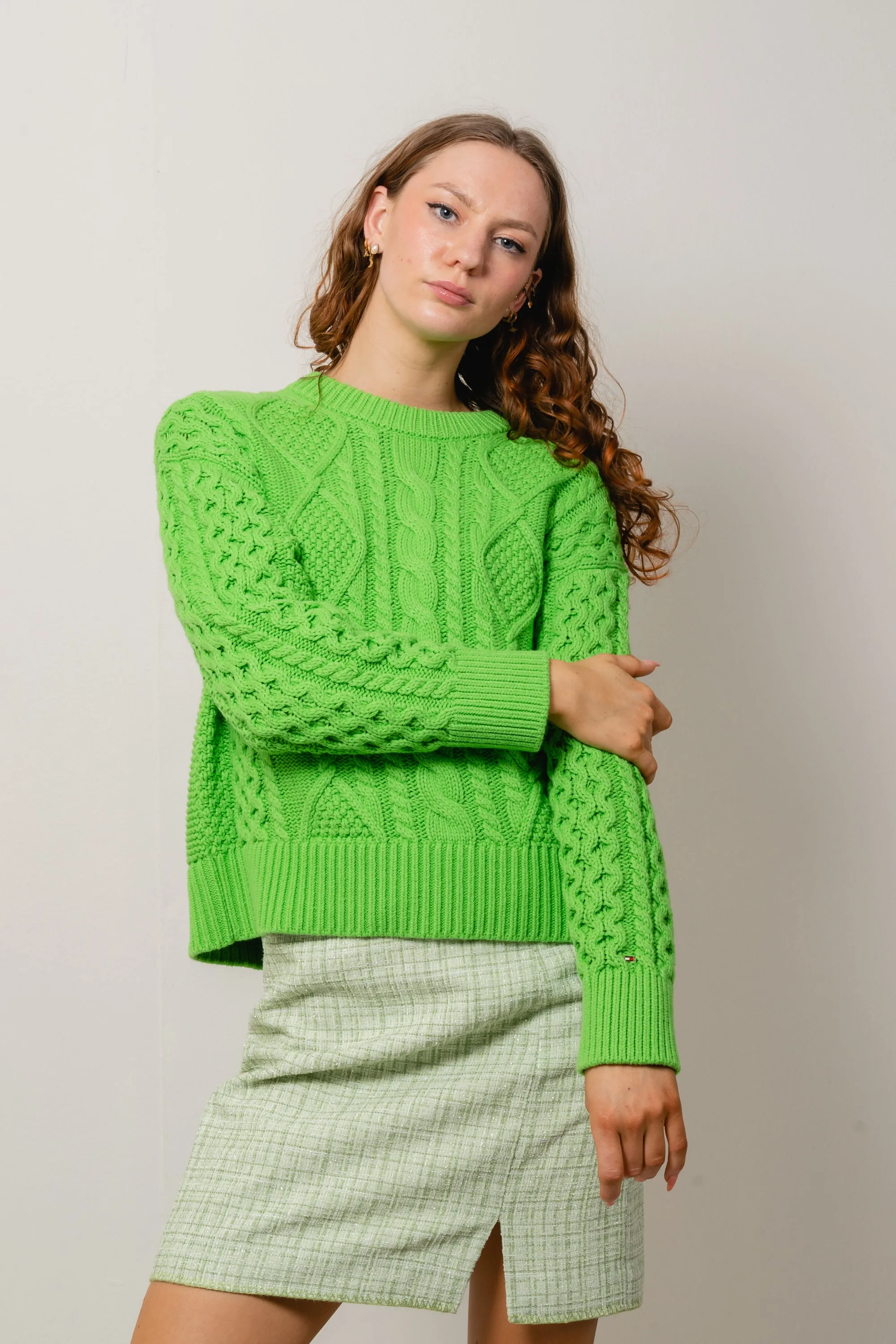 Cable Boyfriend C-Nk Sweater - Spring Lime