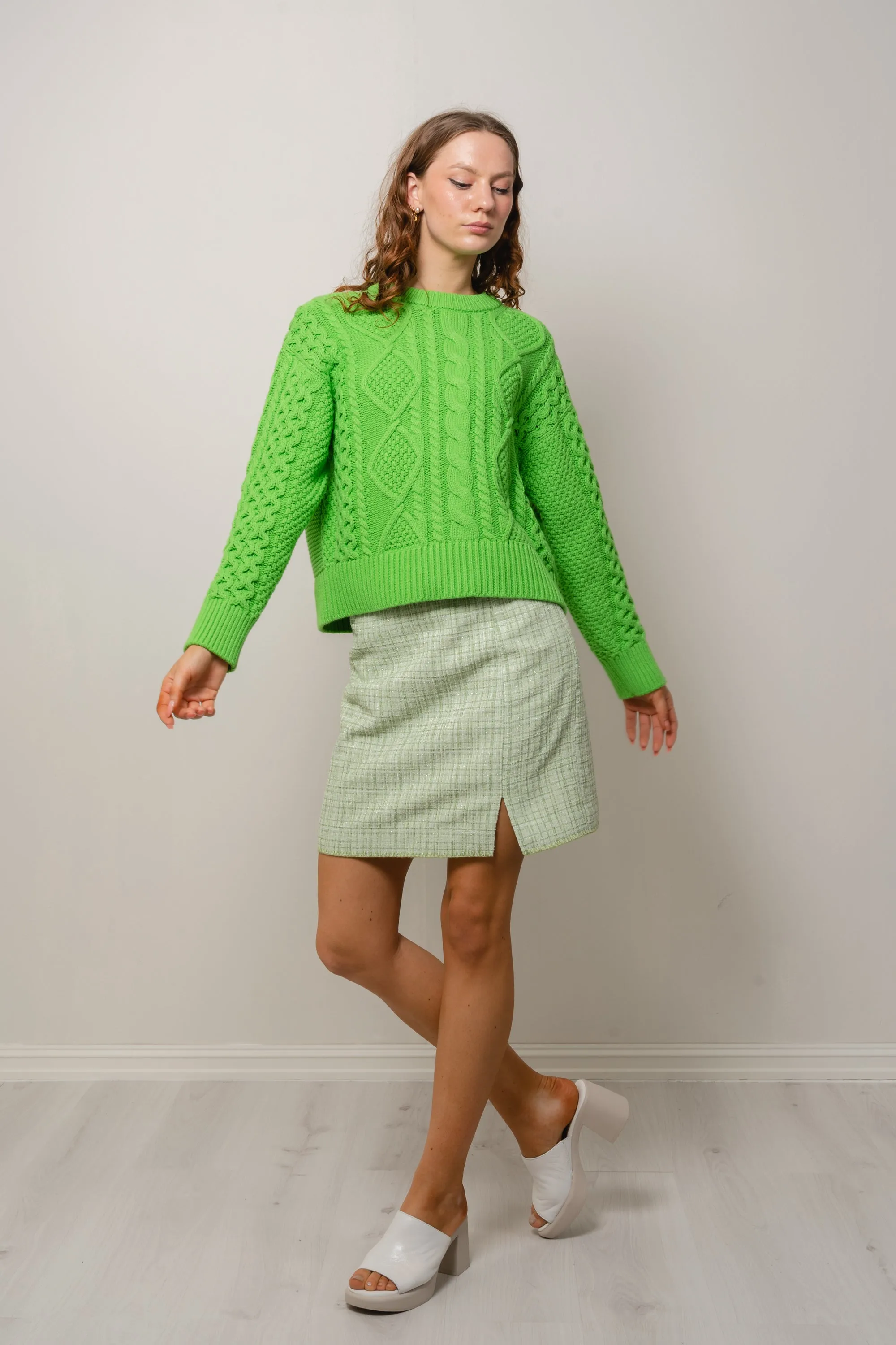 Cable Boyfriend C-Nk Sweater - Spring Lime