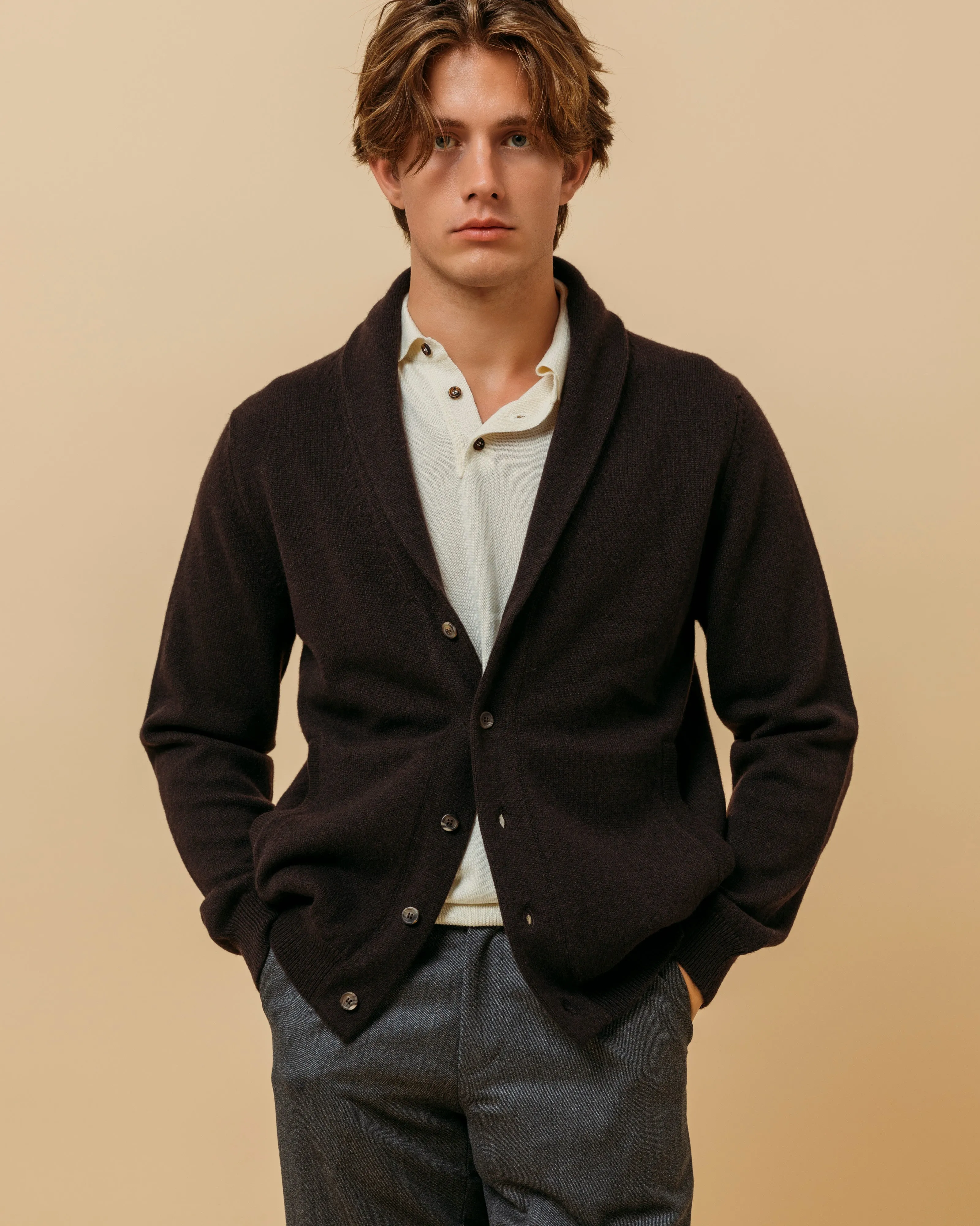 Cashmere painter's shawl collar cardigan in dark brown