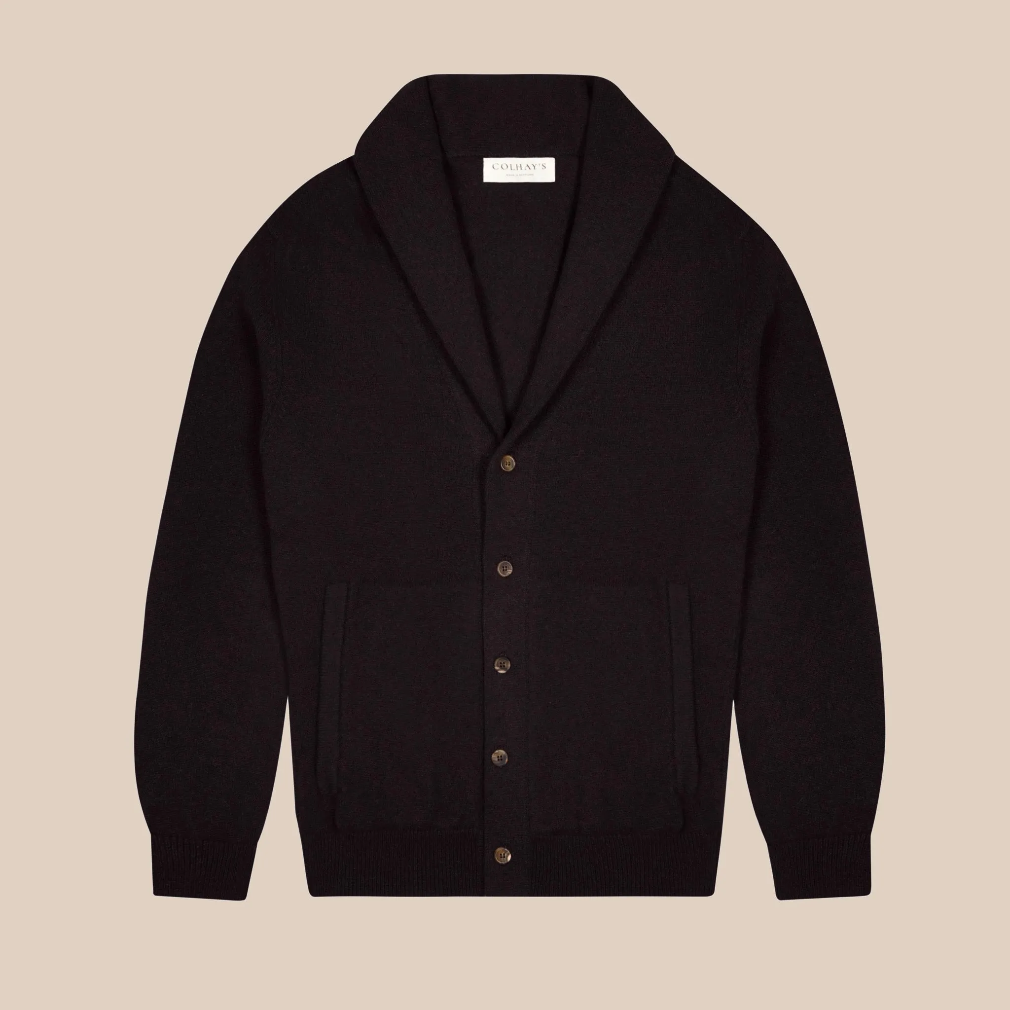 Cashmere painter's shawl collar cardigan in dark brown