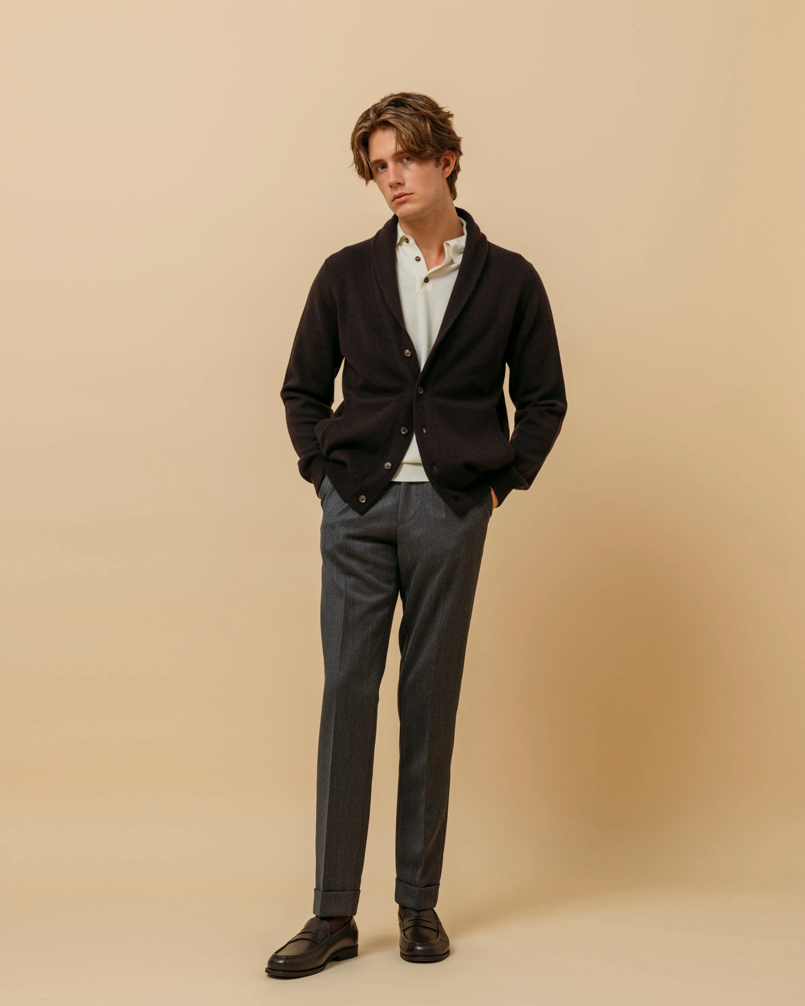Cashmere painter's shawl collar cardigan in dark brown