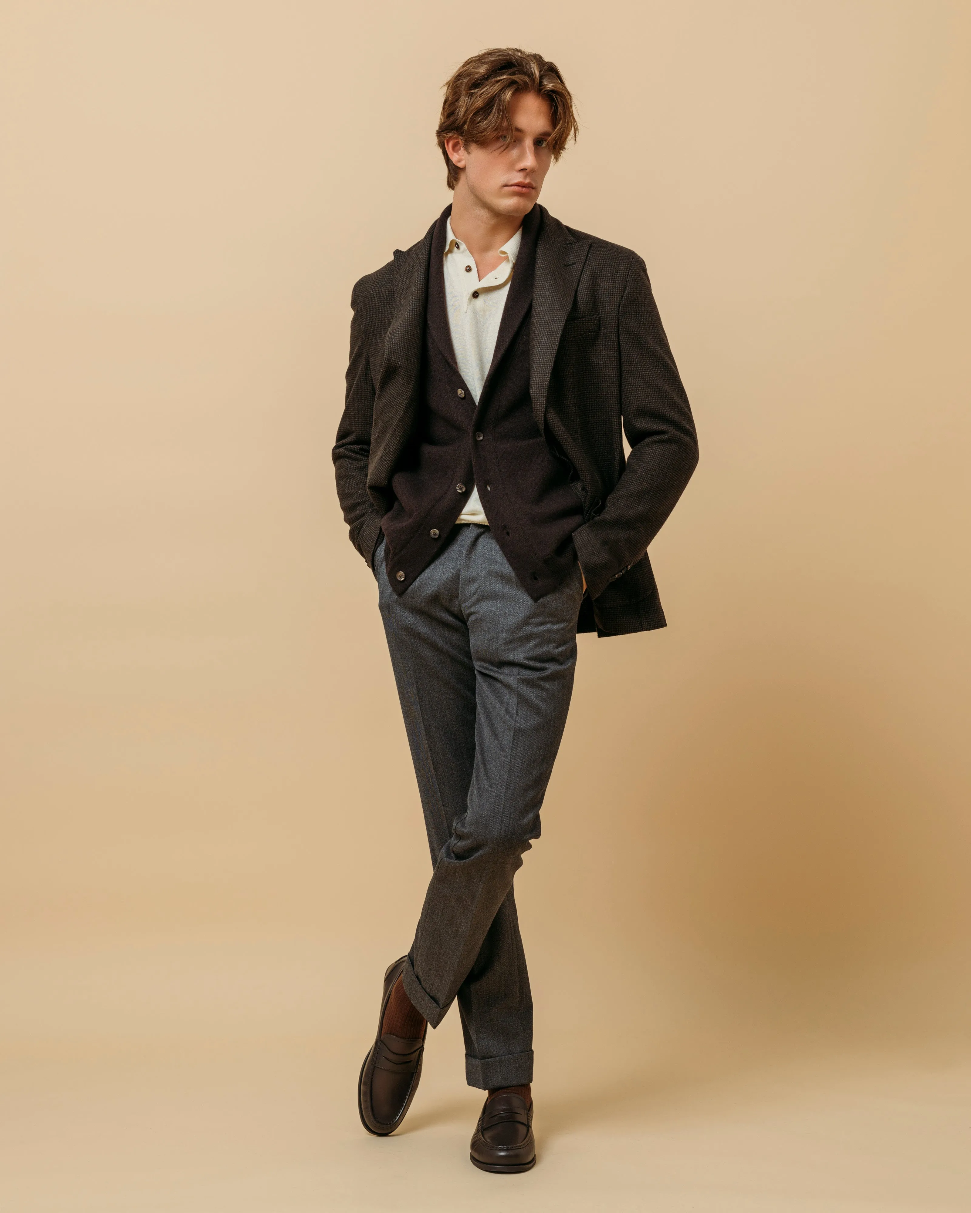 Cashmere painter's shawl collar cardigan in dark brown