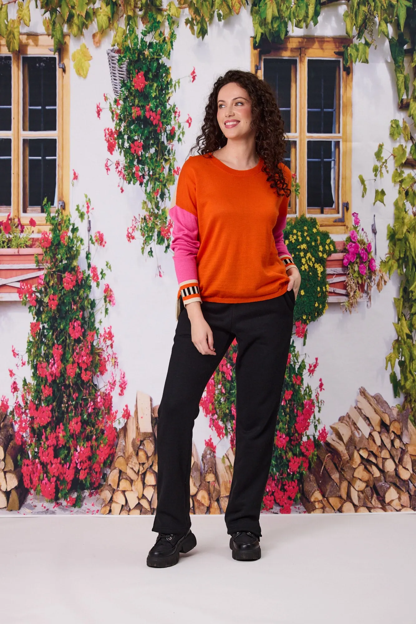Classified Merino Blend Colour Block Jumper C6026 - Orange/Natural/Pink Sleeve