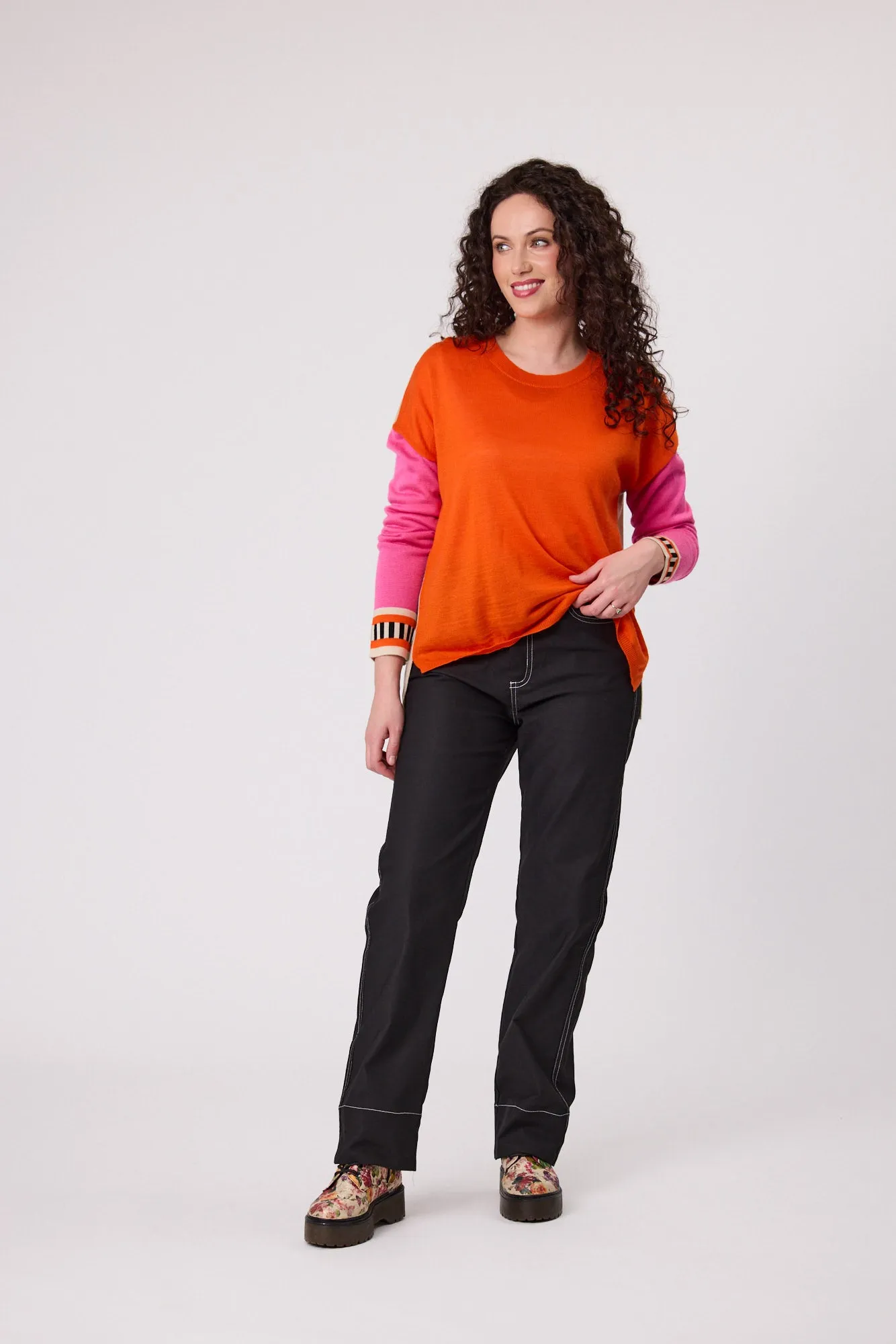 Classified Merino Blend Colour Block Jumper C6026 - Orange/Natural/Pink Sleeve