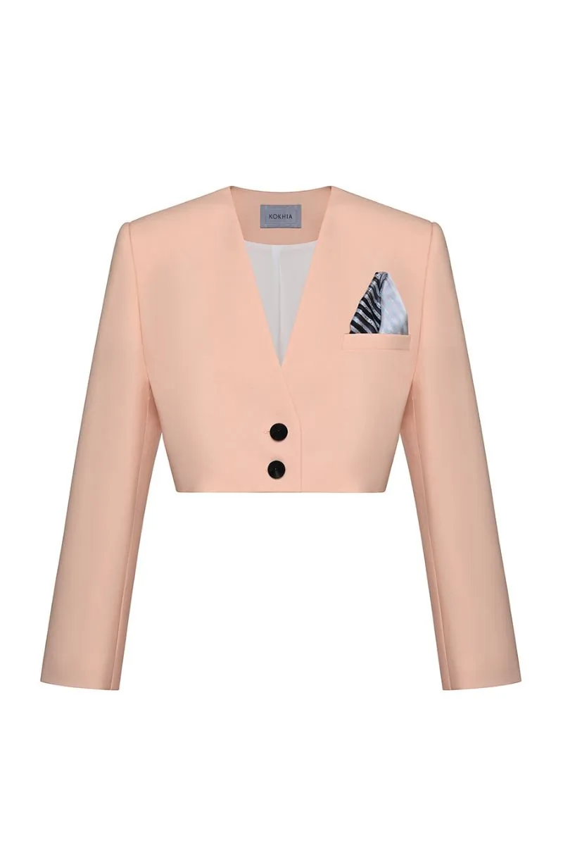 CROPPED V-NECK BLAZER IN BLUSH