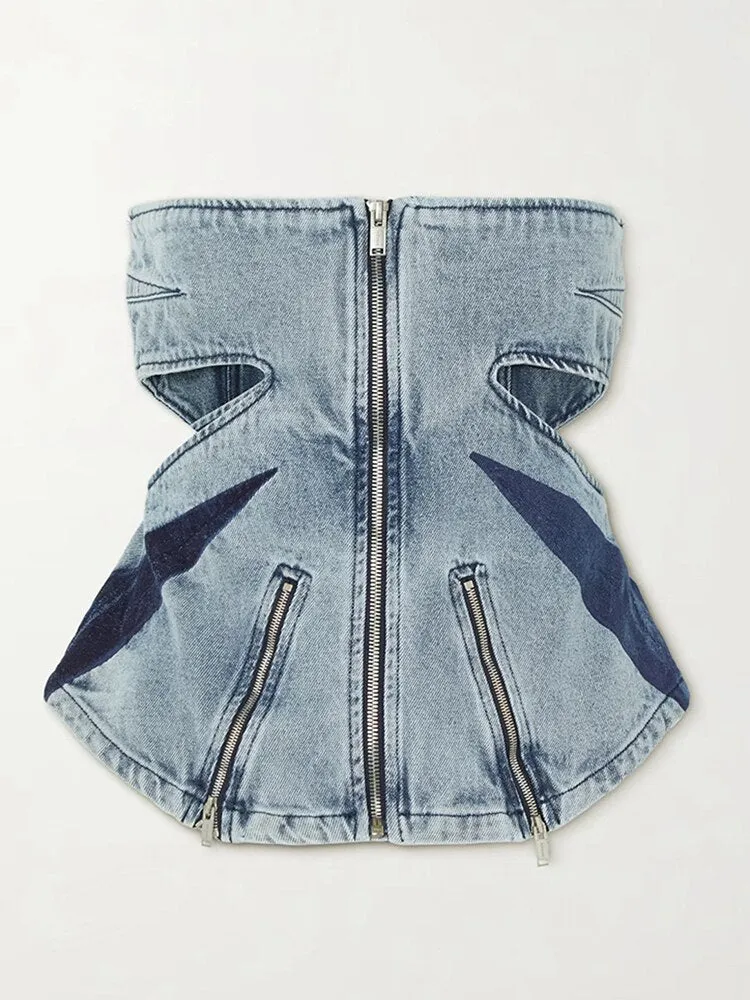 designer Runway Suit Set Women's Sexy Fashionable 3D Split Color Contrast Zipper Panel TubeTop Jeans Set