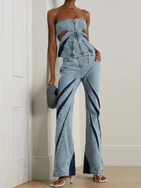 designer Runway Suit Set Women's Sexy Fashionable 3D Split Color Contrast Zipper Panel TubeTop Jeans Set