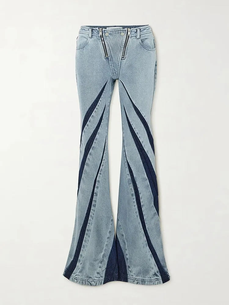 designer Runway Suit Set Women's Sexy Fashionable 3D Split Color Contrast Zipper Panel TubeTop Jeans Set