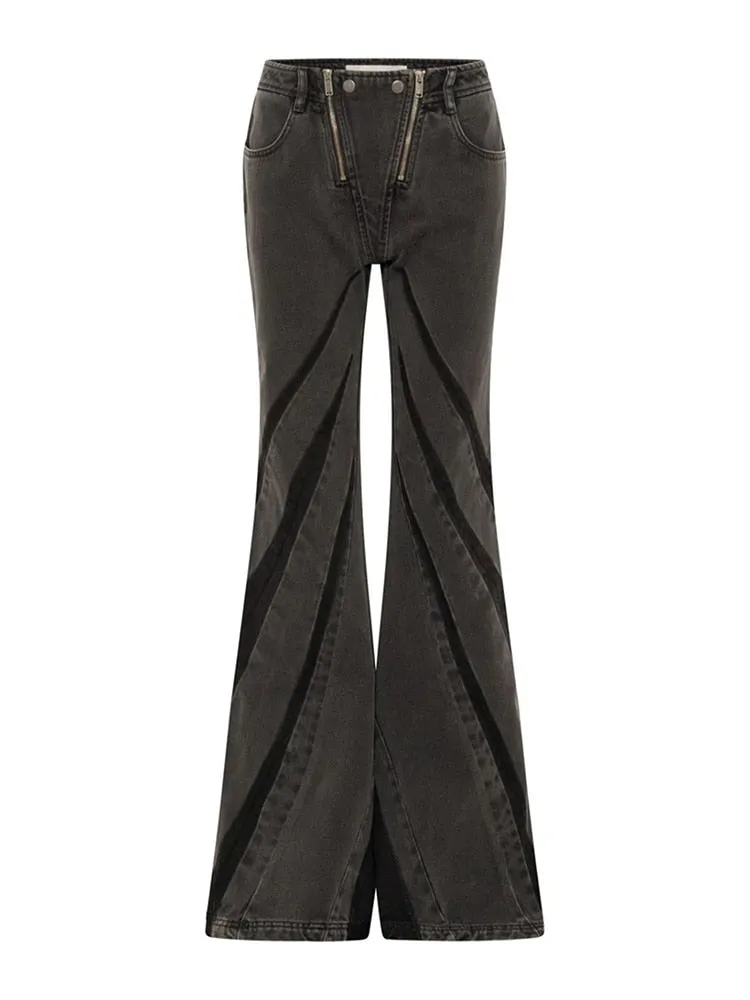 designer Runway Suit Set Women's Sexy Fashionable 3D Split Color Contrast Zipper Panel TubeTop Jeans Set