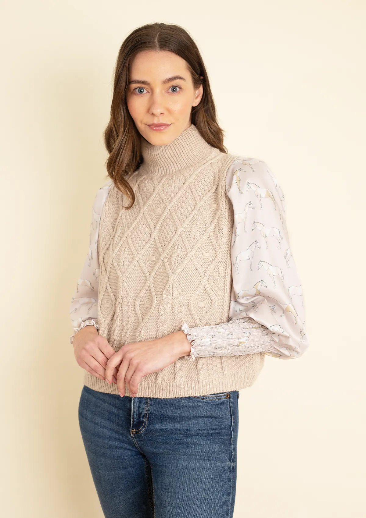 Ellie Cable Knit Sweater with Embroidered Sleeves