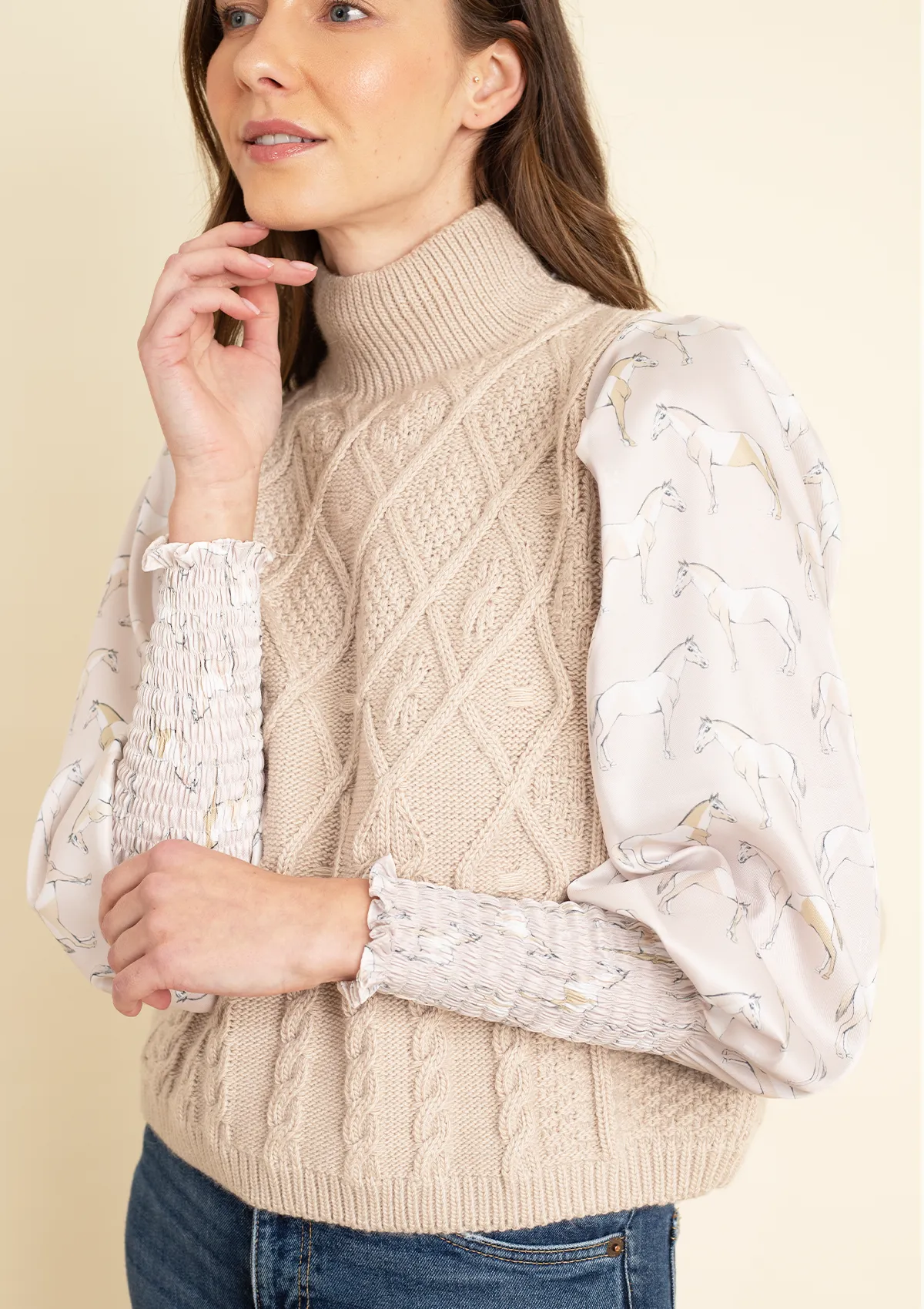 Ellie Cable Knit Sweater with Embroidered Sleeves