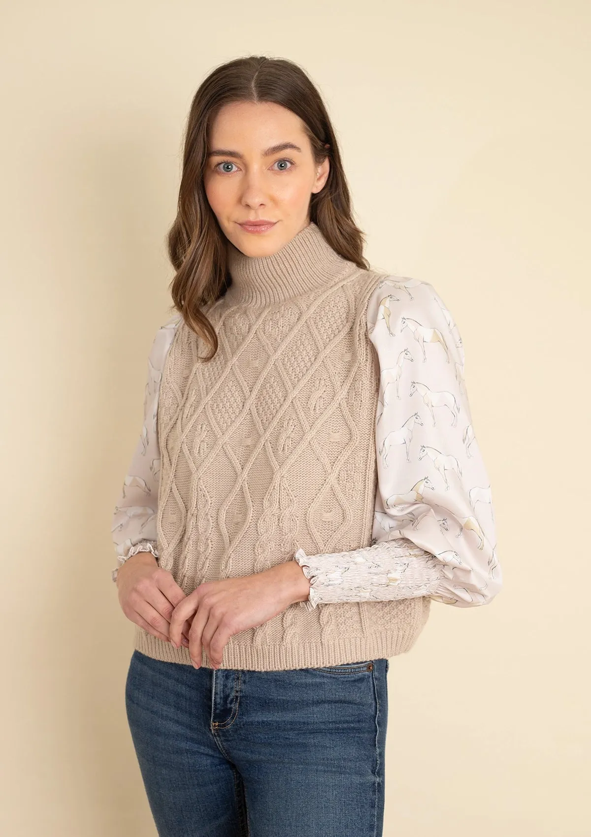 Ellie Cable Knit Sweater with Embroidered Sleeves
