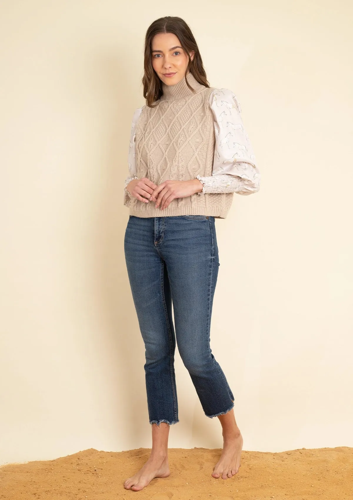 Ellie Cable Knit Sweater with Embroidered Sleeves