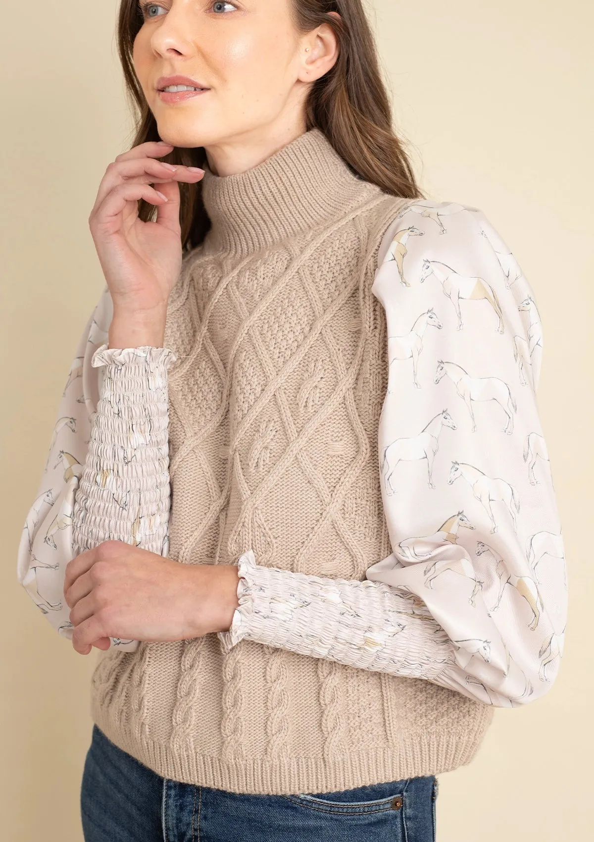 Ellie Cable Knit Sweater with Embroidered Sleeves