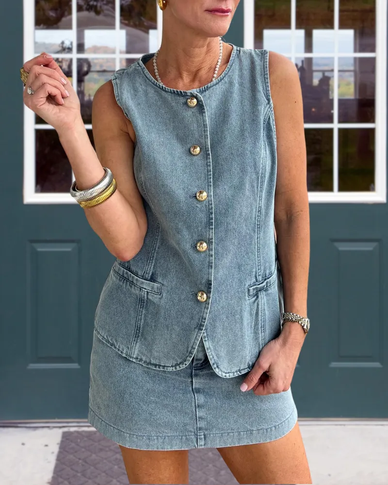 Fashionable Denim Vest Skirt Set