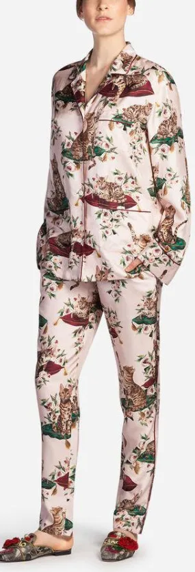 Floral & Cat-Print Pajama Shirt & Pant Set