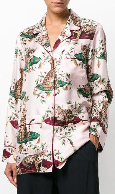 Floral & Cat-Print Pajama Shirt & Pant Set