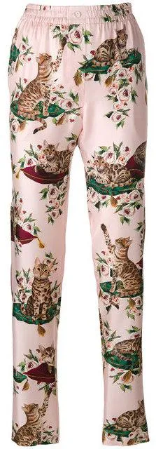Floral & Cat-Print Pajama Shirt & Pant Set