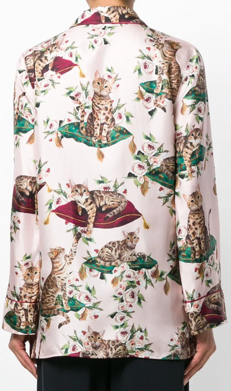Floral & Cat-Print Pajama Shirt & Pant Set