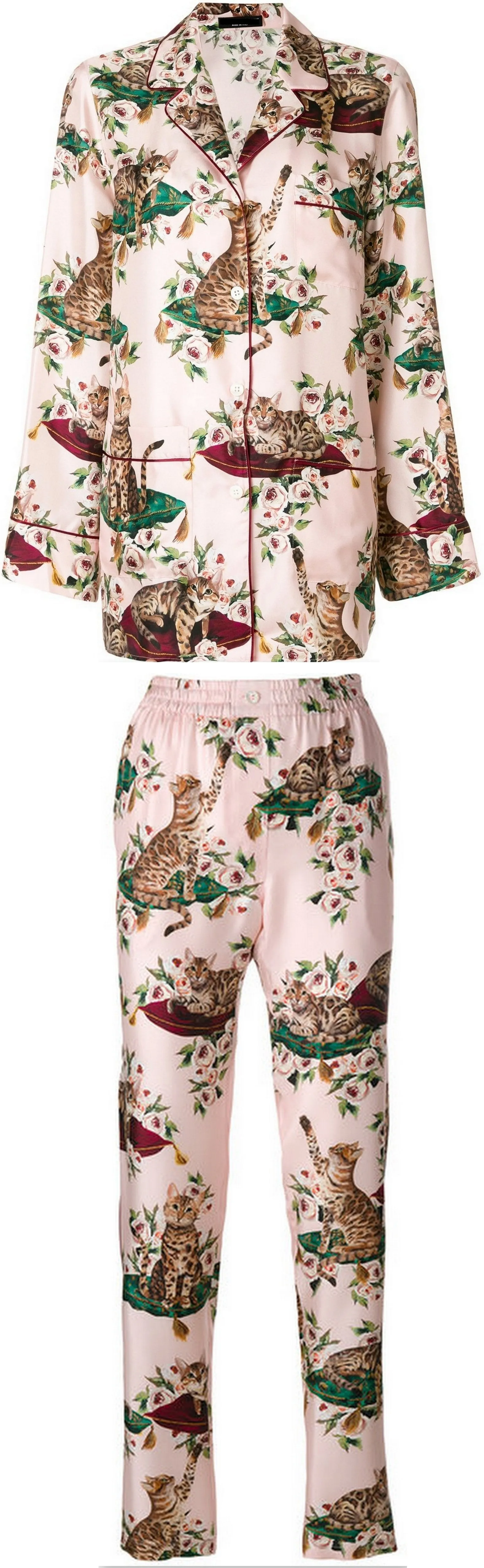 Floral & Cat-Print Pajama Shirt & Pant Set